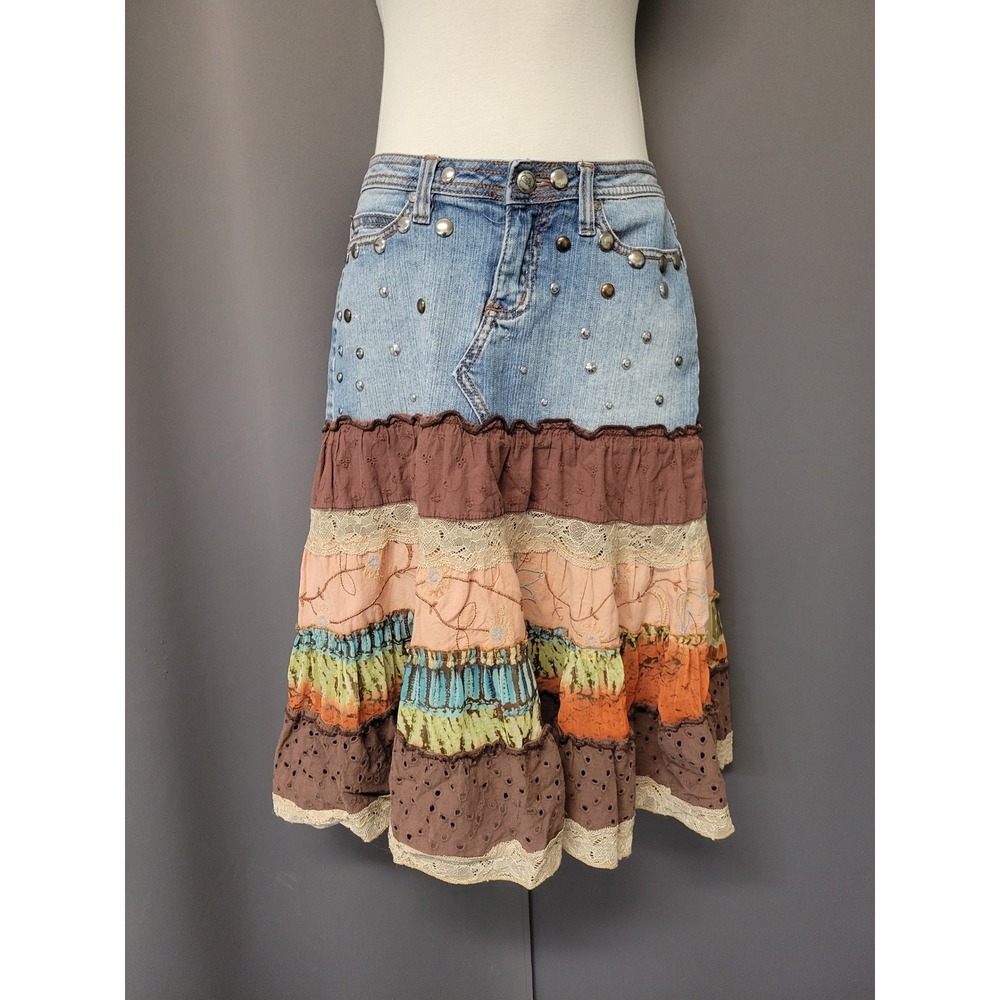 Y2K Candie's Tiered Midi Skirt Blue Denim Studded Boho Mixed Media Lace Size‎ 3